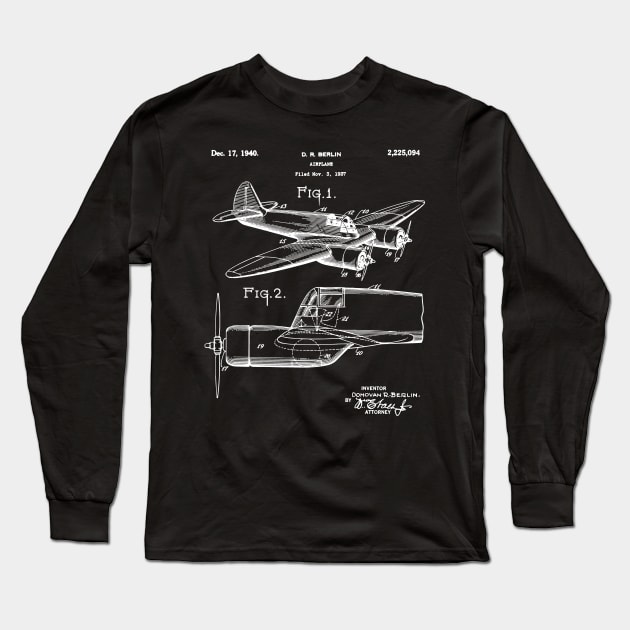 Vintage Airplane WWII Blueprint Patent Aviation History Airplane World War II Long Sleeve T-Shirt by Yesteeyear